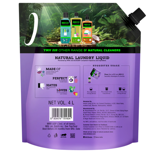 Natural Laundry Cleaner Liquid Shampoo Front Load 4 L Refill