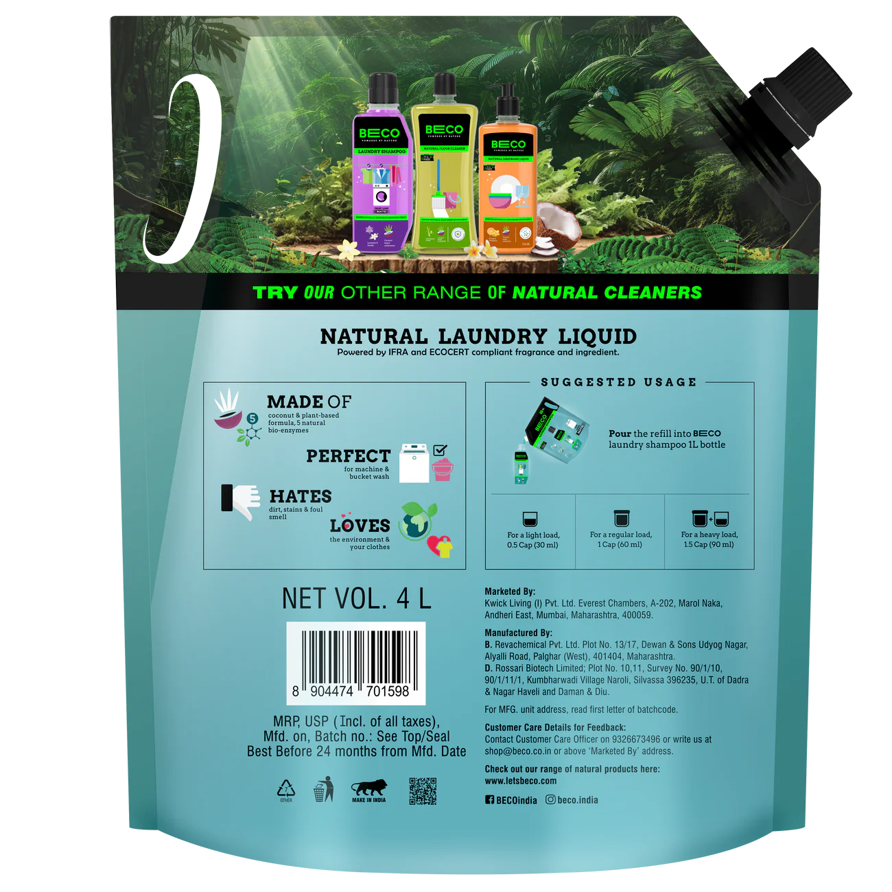 Natural Laundry Cleaner Liquid Shampoo Top Load 4 L Refill