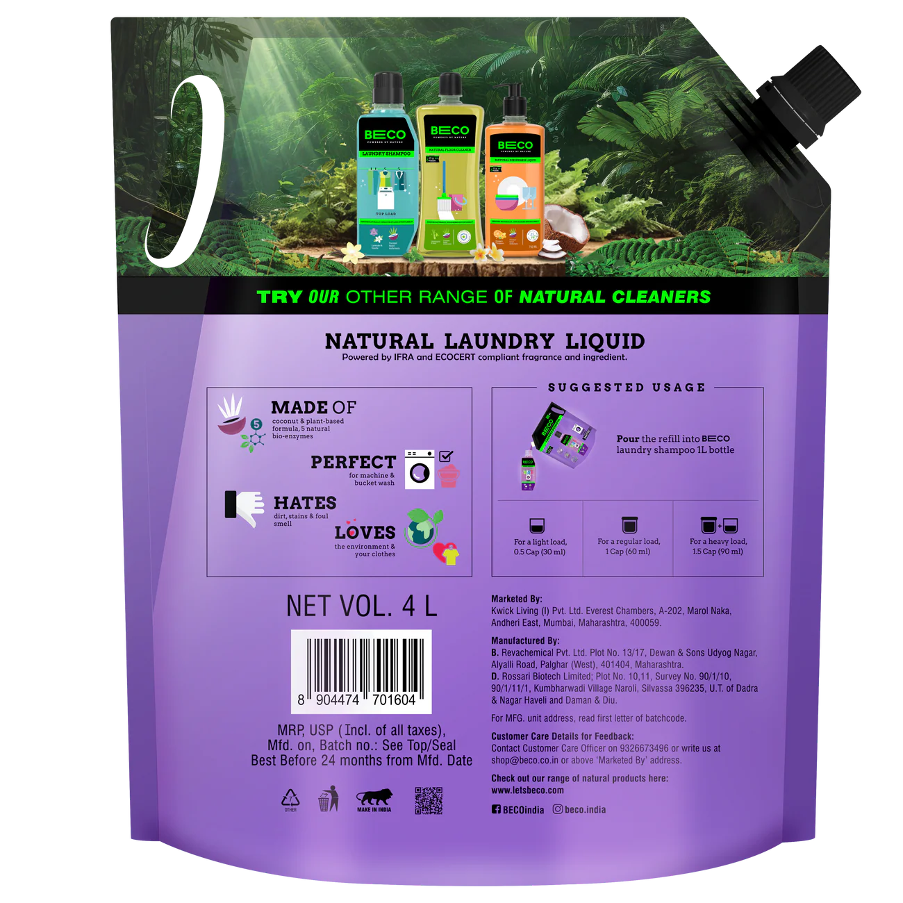 Natural Laundry Cleaner Liquid Shampoo Front Load 4 L Refill